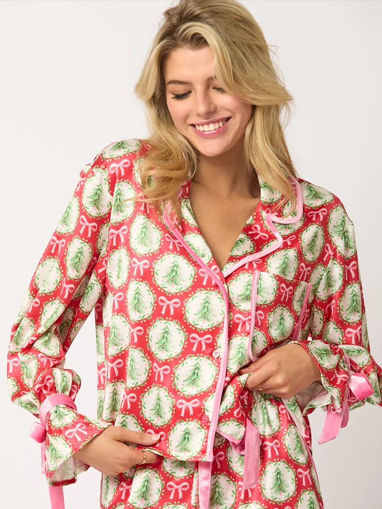 Leisure Y2K Pink Bow Womens Pajama Set 2-piece Long Cute Long Sleeve Matching Lounge Shirt Set 90S Santa Claus Pajama 241126