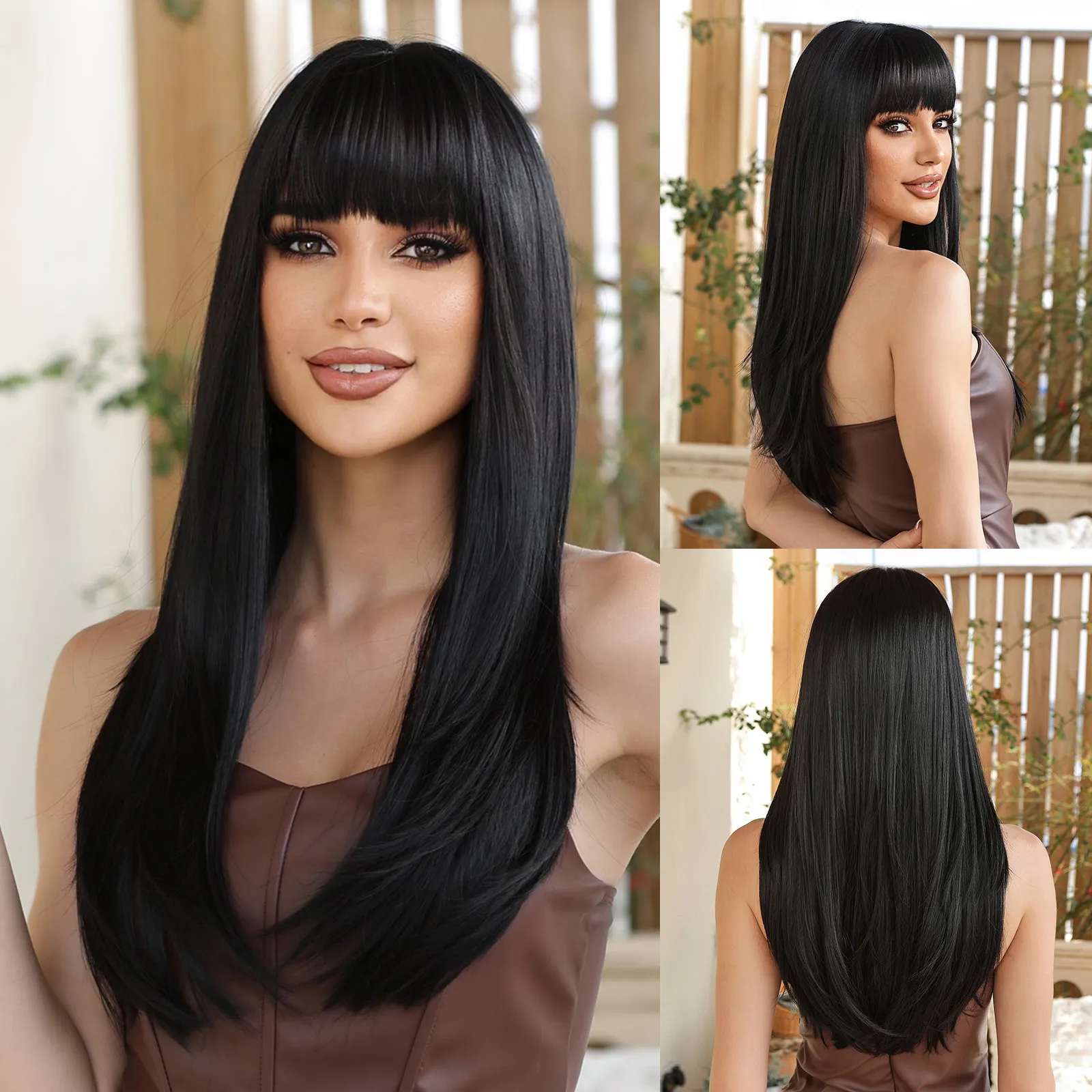 Brazilian Long Hair Straight Colored Wig With Bangs Fringe For Women Similar to Real Human Hair With Babyhair Glueless No Full Lace Wig Synthetic Silk