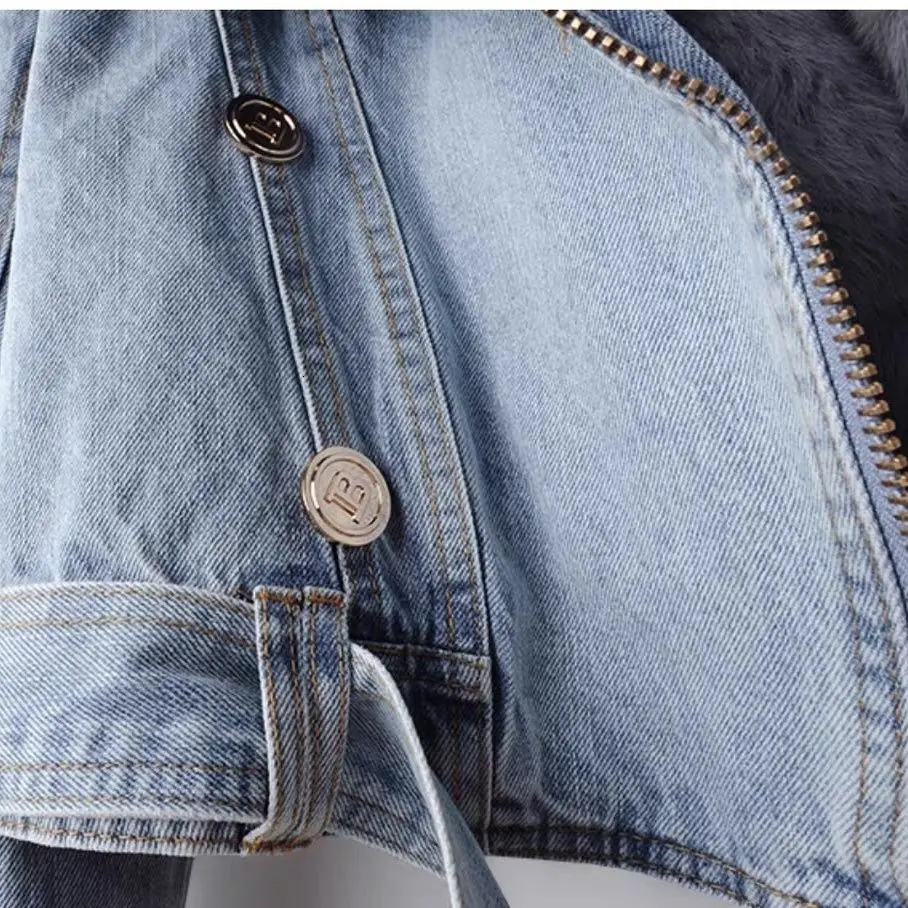 2024 Womens Artificial Fox Fur Collar Jeans Jacket Winter Jacket Womens Short Warm Park Rabbit Hair Lining Jacket Fashion Jacket 241125 - view 7