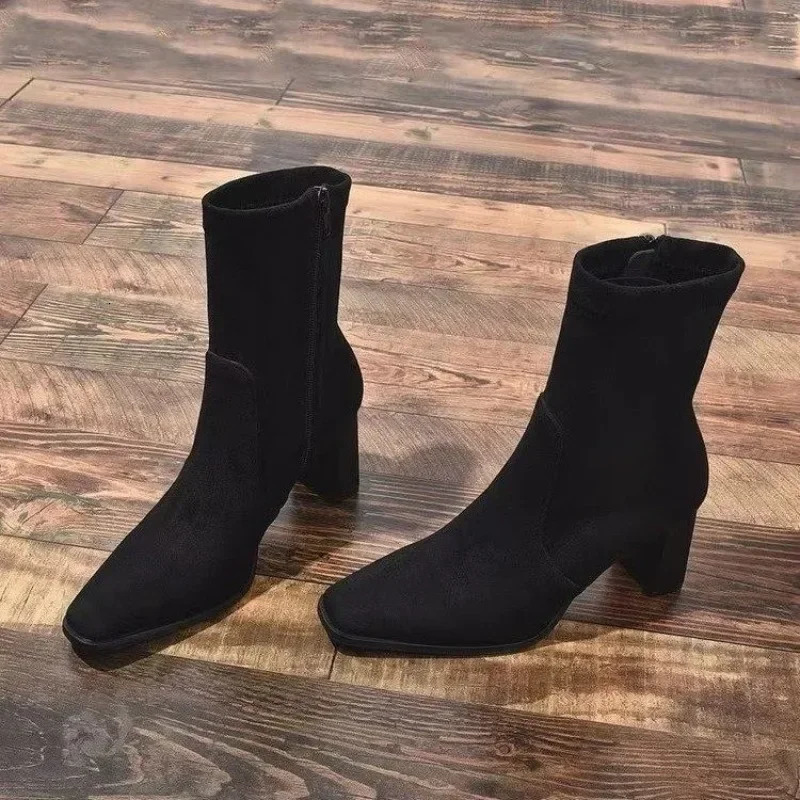 Ladies Shoes Side Zipper Womens Boots Winter Square Toe Solid Short Barrel Chunky Heel Fashion Boots Zapatos 241114