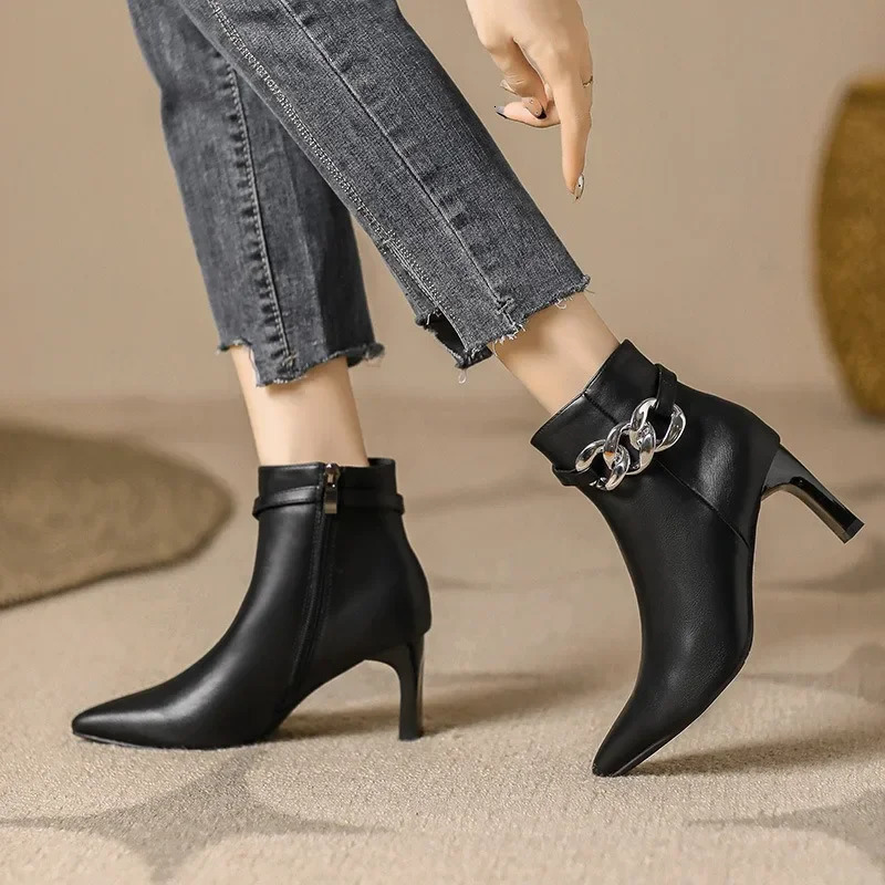 Niche comfortable soft leather side zipper pointed thin heel 2025 autumnwinter high-heeled womens ankle boots 241126