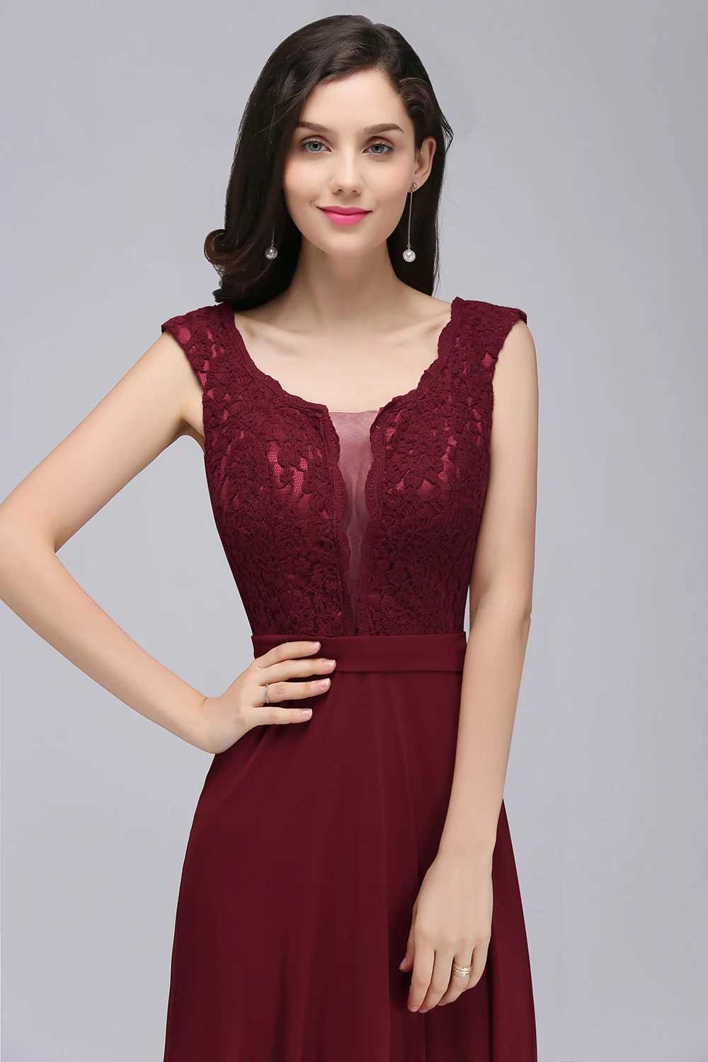 Runway Dresses Elegant Long Burgundy Evening Dresses 2023 Sexy Illusion O Neck Lace Slveless A-Line Chiffon Formal Party Prom Gowns Vestidos Y240426