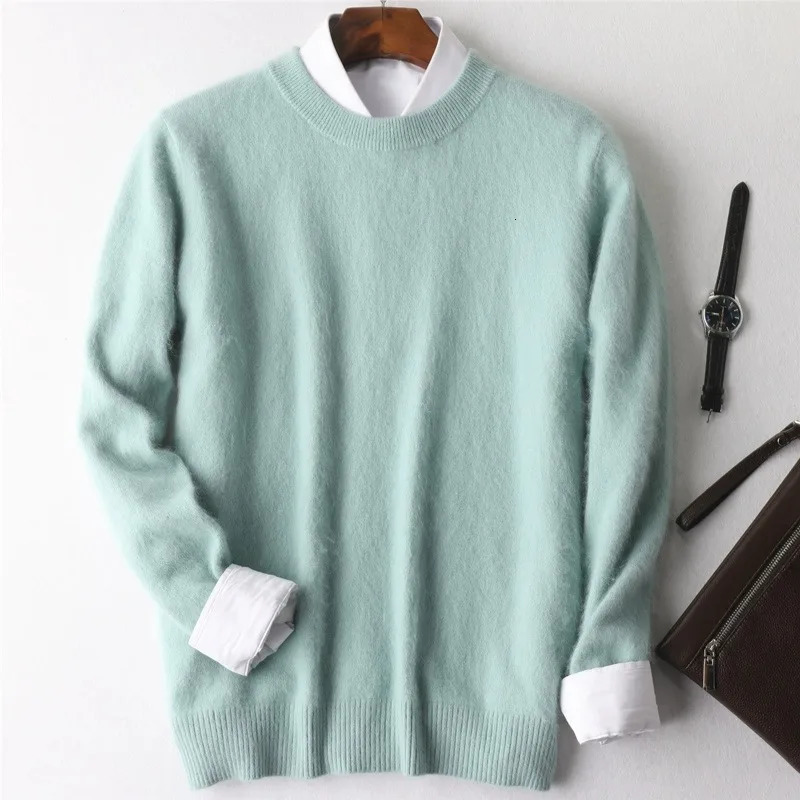 Mens 100% Solid Color Mink Cashmere Sweater O-Collar Floral Knitted Large Mink Sweater Winter Top Long Sleeve High Collar Jumper 241126