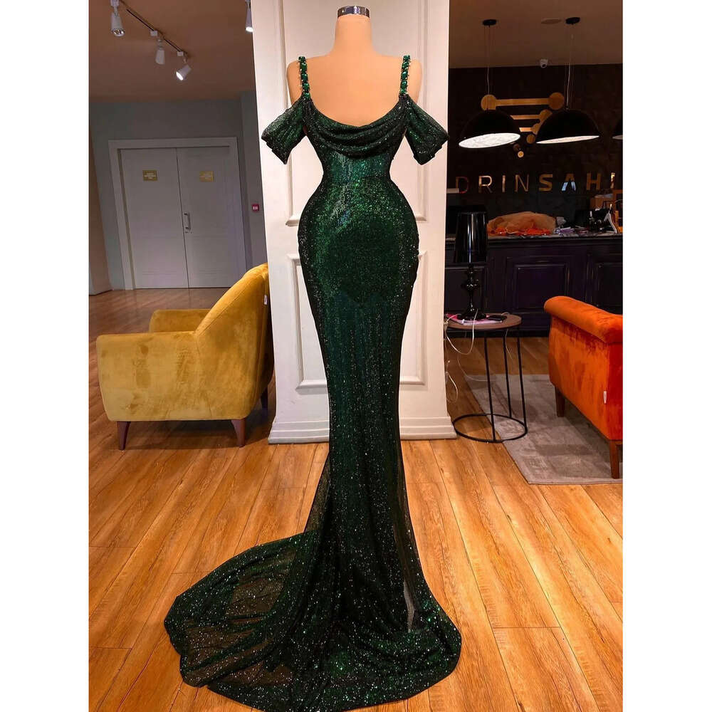 Green Dresses Mermaid Evening Dark Straps Off The Shoulder Sparkly Beaded Sequins Custom Made Formal Ocn Wear Arabic Prom Gown Vestidos 6660306