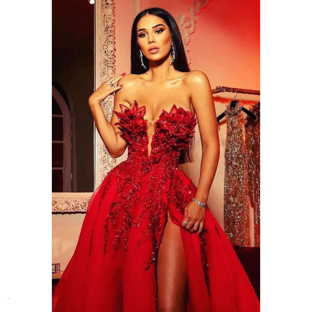 Ebi Urious Lace Aso Arabic High Split Prom Dresses Beaded Crystals Sexy Evening Formal Party Second Reception Gowns Dress Bc 6660306