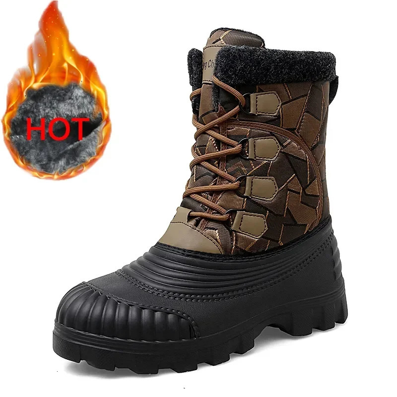 High top winter camouflage boots warm and thick plush mens outdoor walking shoes waterproof snow boots mens cotton shoes mens lace boots 241126