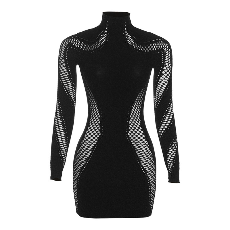 Basic & Casual Dresses Sexy Knitted Hollow High Neck High Waist Long Sleeve Tight Short Dress