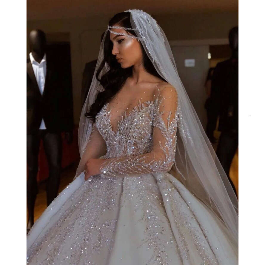 Arabic Sheer Long Sleeves Satin Ball Gown Dresses 2020 Dubai Beaded Crystals Ruched Chapel Train Wedding Bridal Gowns Cph044