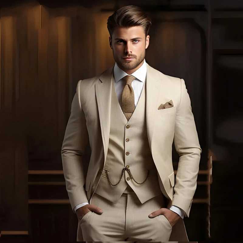 Mens casual suit 3-piece khaki wedding grooms tailcoat slim fit set 2025 mens fashion suit jacket with pants vest X241126
