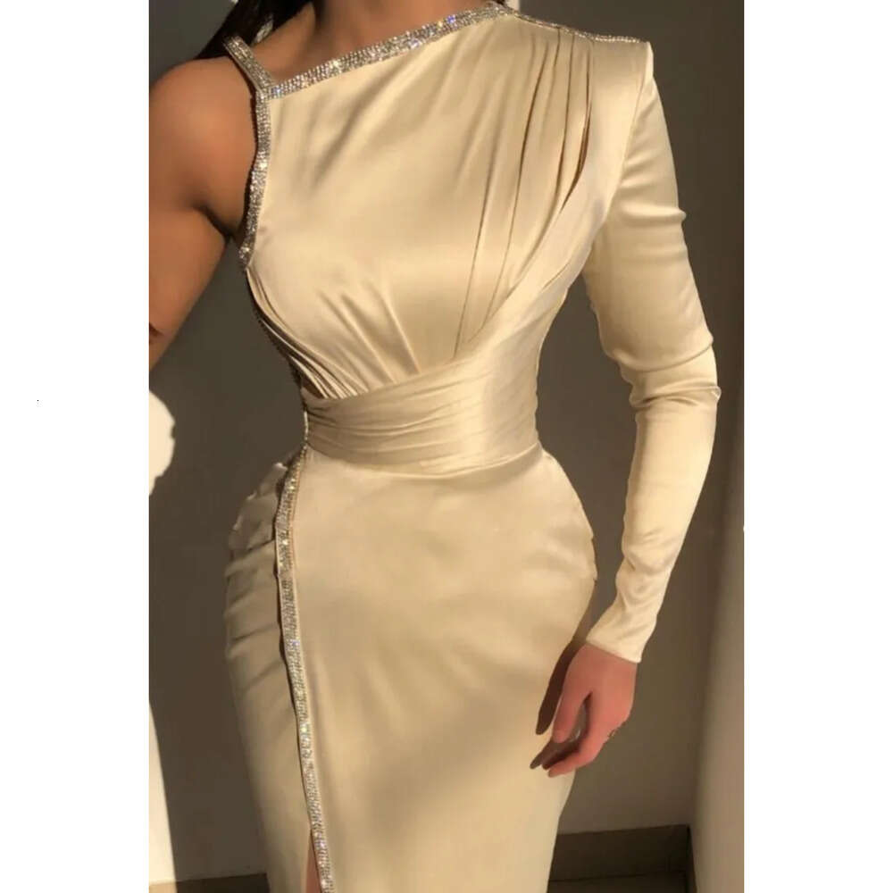 One Shoulder Evening Elegant Satin Dresses Long Sleeves Ruched Beaded High Split Prom Gowns Women Formal Party Wear Bc 6660306