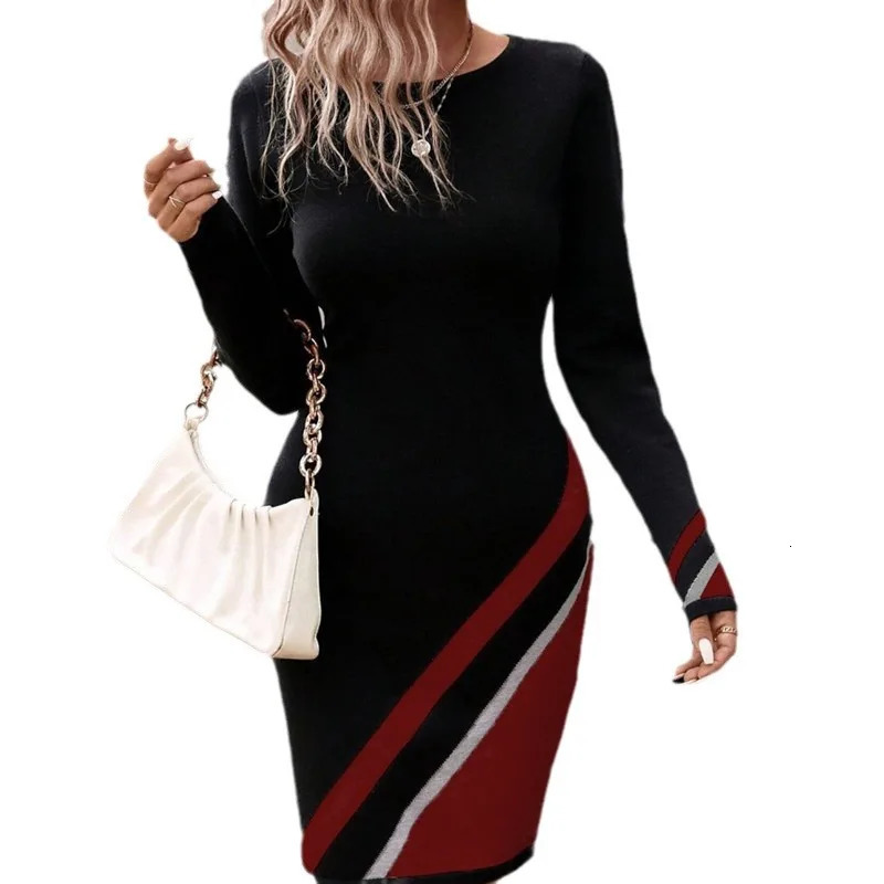 Commute Dress Women Spring Autumn Long Sleeve Striped Print Oneck Slim Fashion Elegant Casual Female Aline 241112