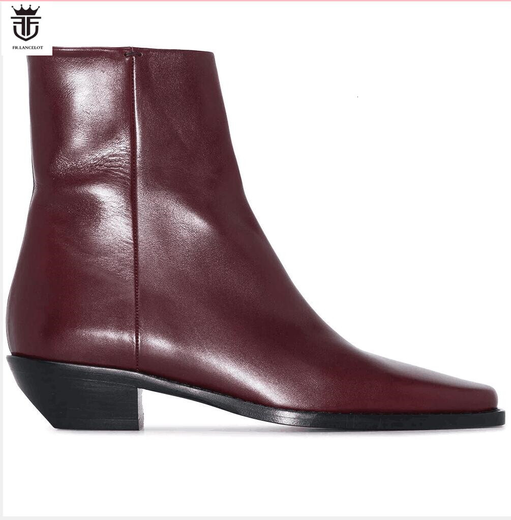 Factory Real Photo Cool Men Wine Red Leather Boots Zip Side Ankle Booties Male Party Shoes Low Heel Mens Boot Square Toes