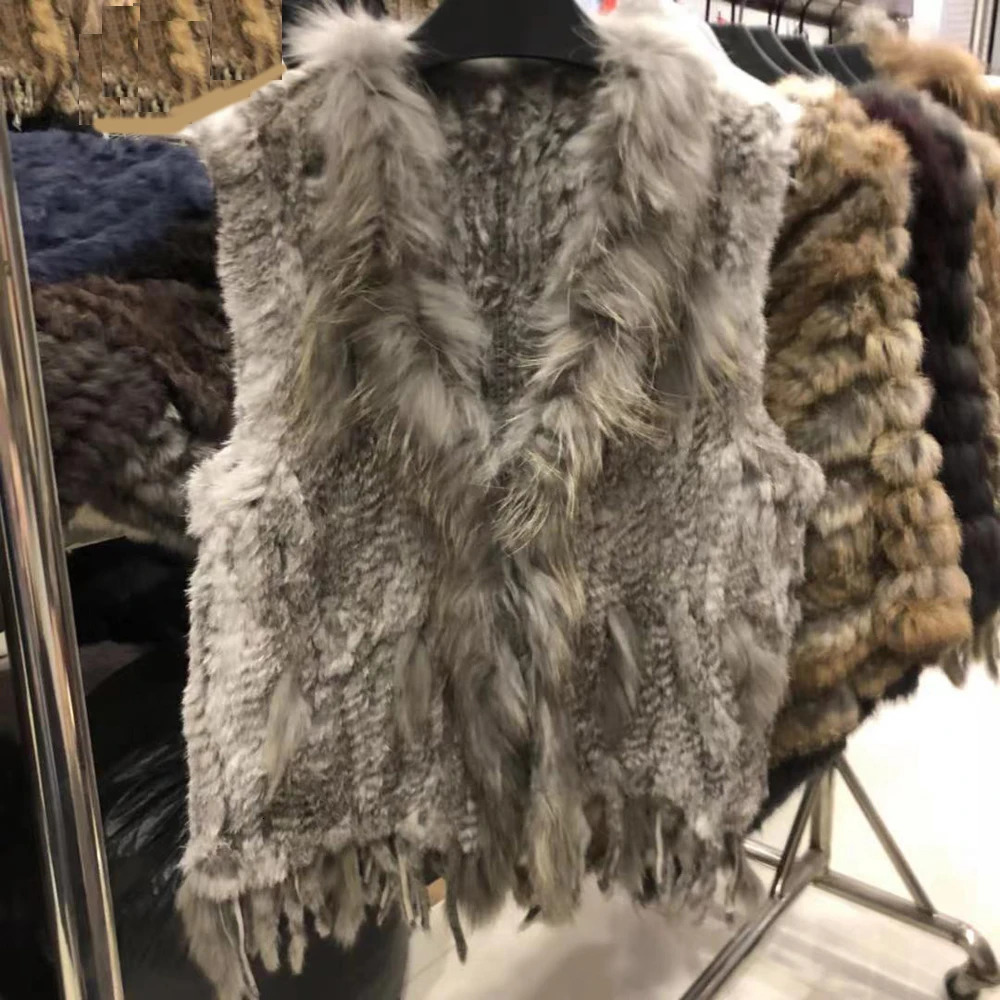 Wholesale womens genuine knitted rabbit fur tassel raccoon fur decorative vest gray chest circumference 100cm V-neck street vest 241126