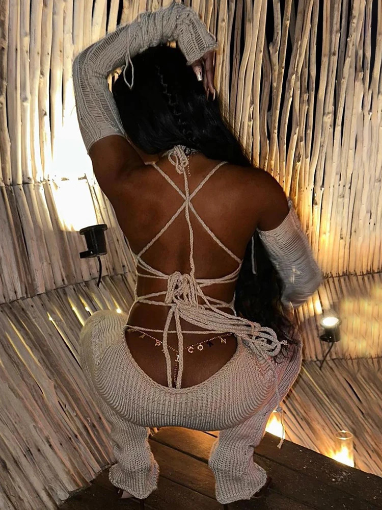 Weird Puss Bandage Knitted Strap HoodieGloves Womens Elastic Sexy Club Backless Hollow Tight Street Stacking Exercise Top 241125