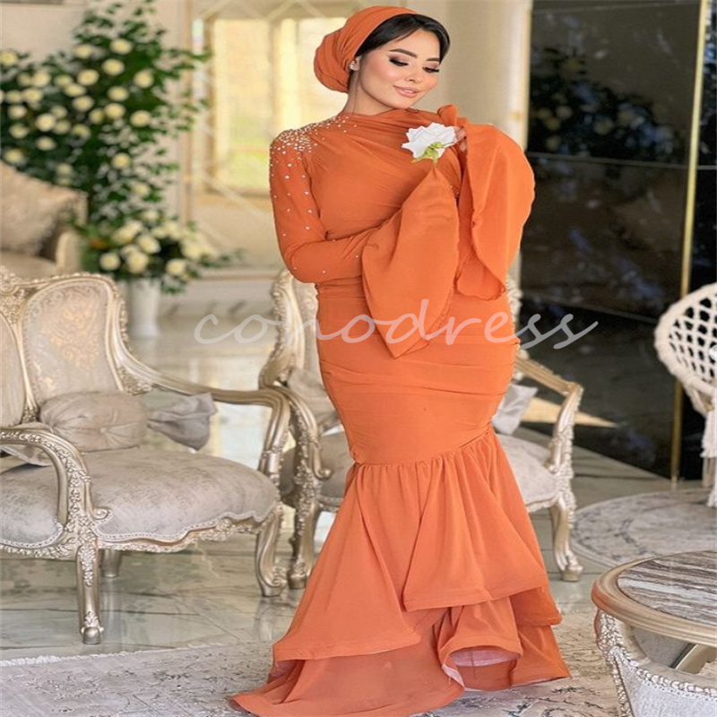 Gorgeous Orange Mermaid Evening Dress Caftan Moroccan Long Sleeve Prom Dress Beaded Plus Size Formal Engagement Party Arabic Vestidos De Fiesta Para M