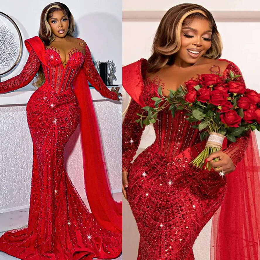 2024 Plus Size Red Prom Dresses Special Ocns Promdress Illusion Beaded Sequined Lace Birthday Party Dress Second Reception Gowns For Black Women