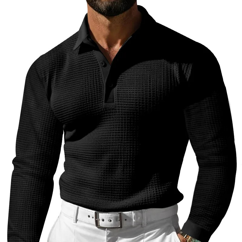 Autumn mens casual long sleeved polo shirt fashionable solid color slim fit collar button waffle golf latte holiday casual T-shirt 241121