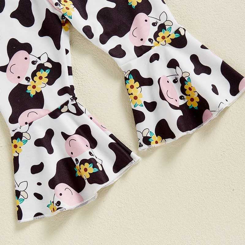 Clothing Sets 1-4Years Kids Baby Girl Cow Outfits Lovely Letter Print Ruffle Long Sleeve Sweatshirt and Cow Print Flare Pants 2 Pcs Sets H241126