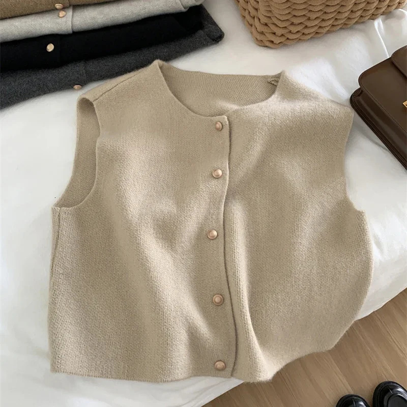 Autumn Knitted Cardigan Women Korean Elegant Sleeveless Sweater Tanks Casual Fashiona Slim Female Tops Gray Vest 241121