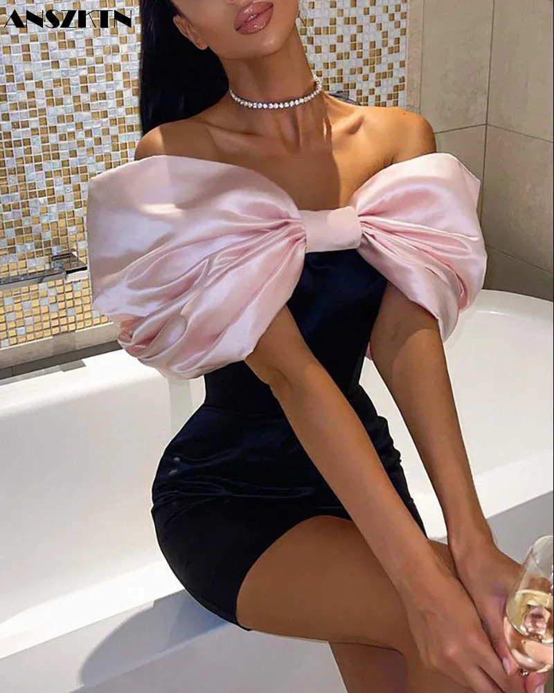 Womens Sweet Satin Elegant Backless Bow Tight Evening Dress Solid Color Casual Dress 241125