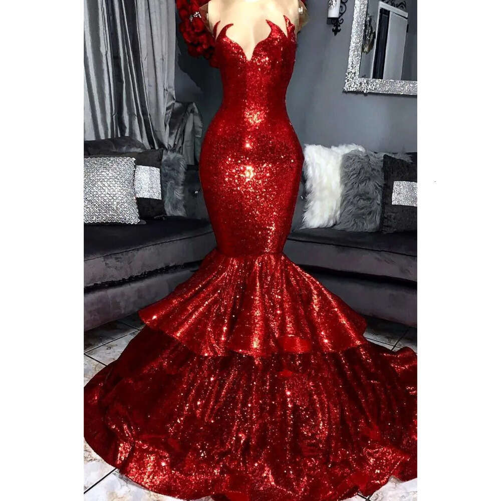 Red Prom Long Sequins Sheer Tulle Lace Applique D Floral Layered Ruffles Floor Length Formal Evening Dresses Bc
