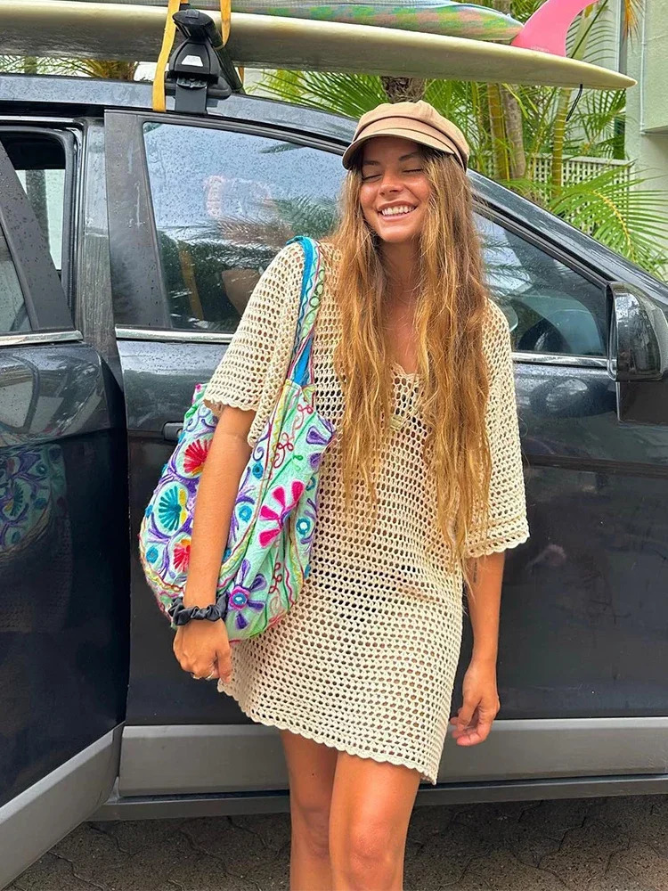 Sexy Knit V Neck Halfsleeve Hollow Out Beach Mini Dress Summer Women Tunic Swimwear Cover Up Casual Outfit K19 241112