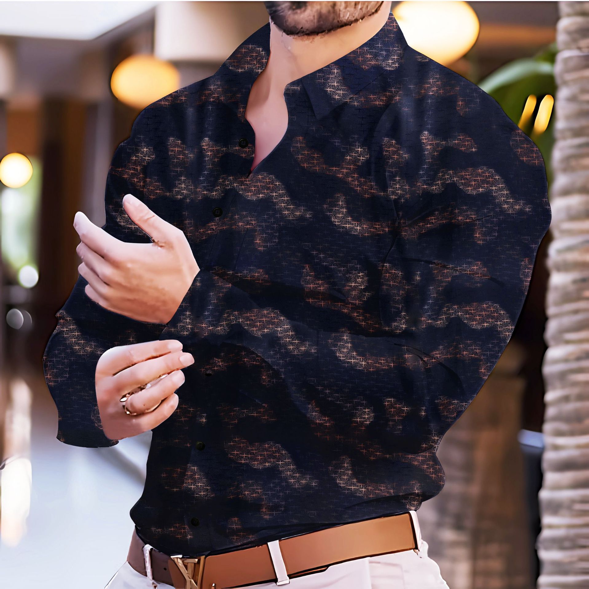 Mens fashion star blouse hot gold printed casual long sleeved shirt Chemises hommes Man Shirts causal designer shirt for men plus size high quality to