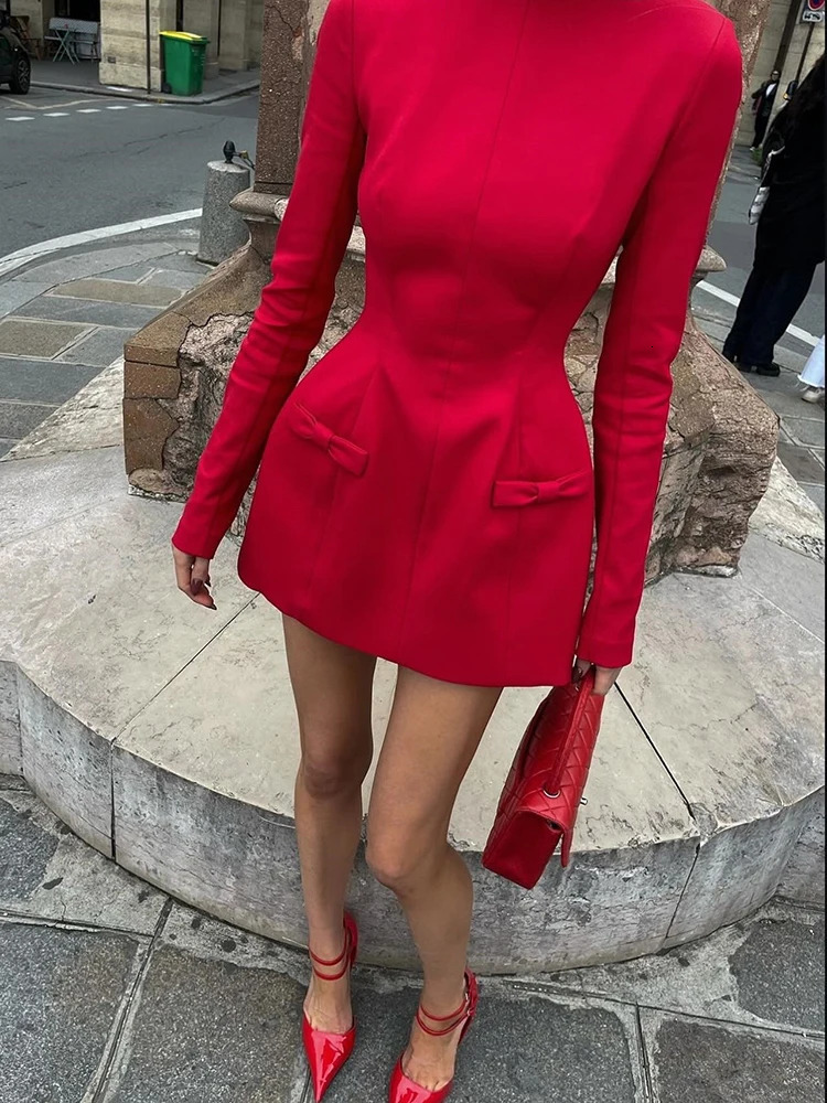 Mozision Double Bow Long Sleeve Sexy Mini Dress For Women Autumn Winter Solid High Waist Bodycon Club Party Elegant 241112