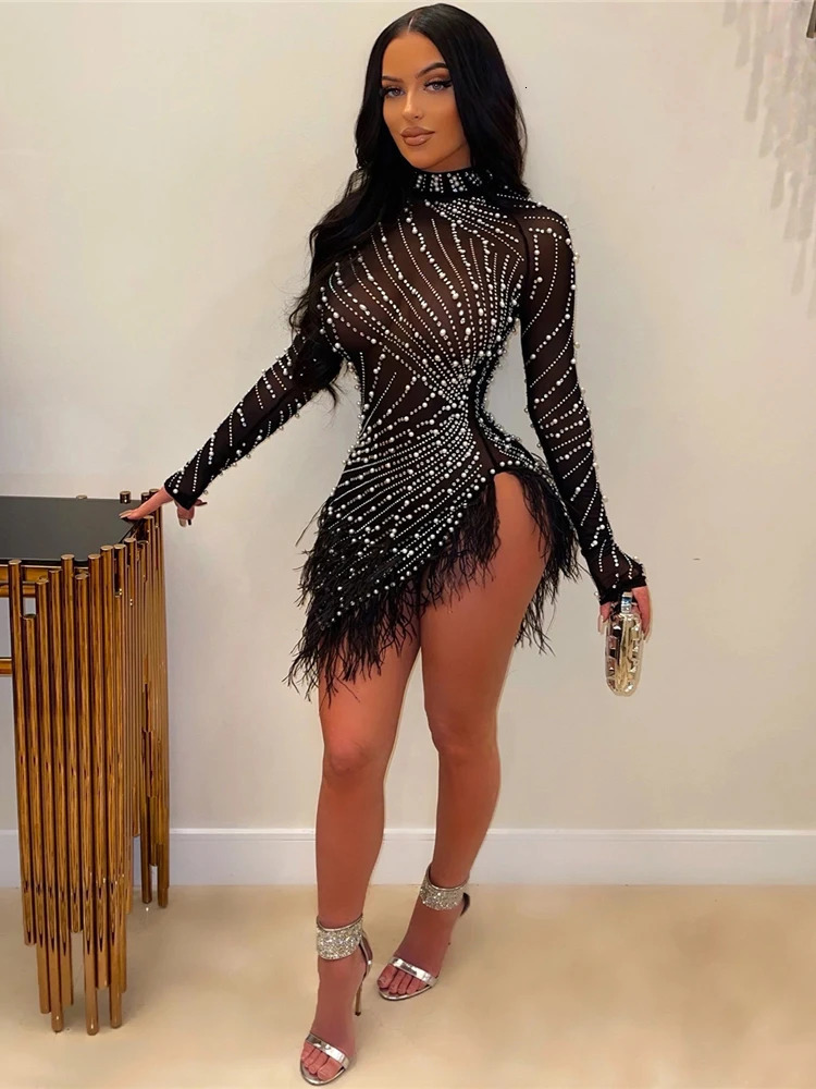 iDress Sexy Pearls Rhinestone Party Dresses Women Elegant Nightclub Feather Birthday Dress Long Sleeve Mesh Sheer Bodycon 241112