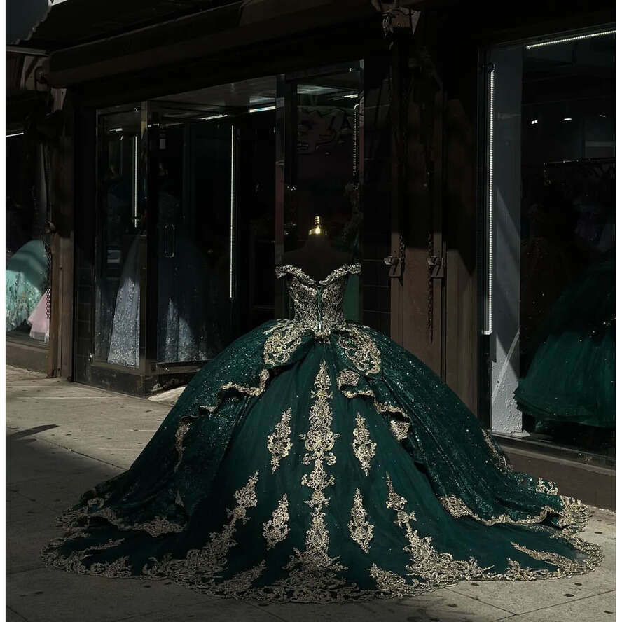 Green Dark Princess Dresses Prom Ball Gown Off Shoulder Glitter Sequins Vestido De Quinceanera Gold Appliqued Masquerade Dress