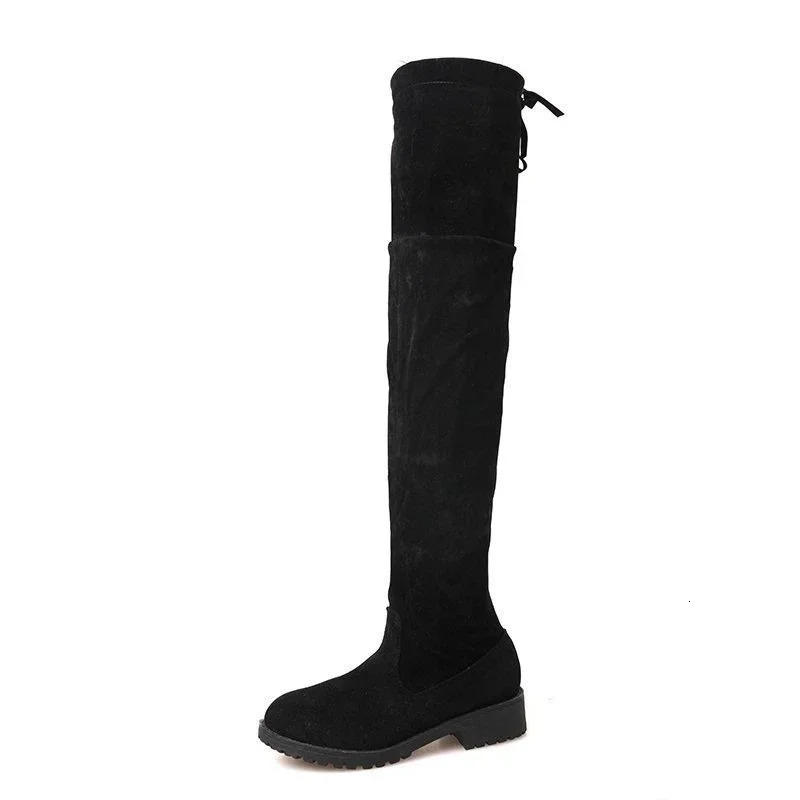 Autumn Faux Suede Women Heels Zipper Elastic Knee High Boots Women Tube Lace-up Thigh Gigh Boots Black Botas Mujer Female 241114