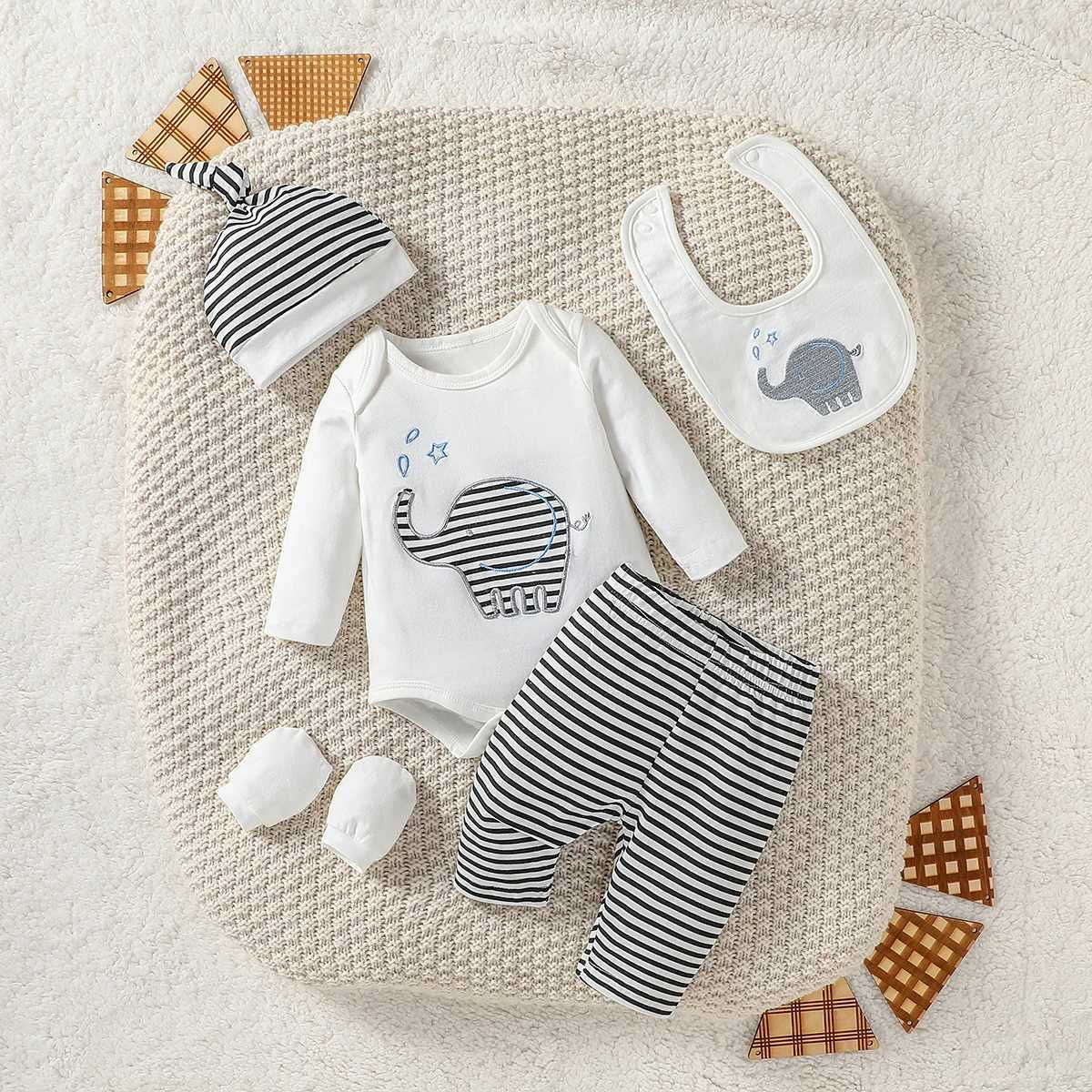Clothing Sets 4Pcs Baby Boys Spring/Autumn Long Sleeve Cartoon Elephant Boysuit+ Stripe Trouser For Outfits Chlothing+Hat+Bib+Gloves H241126