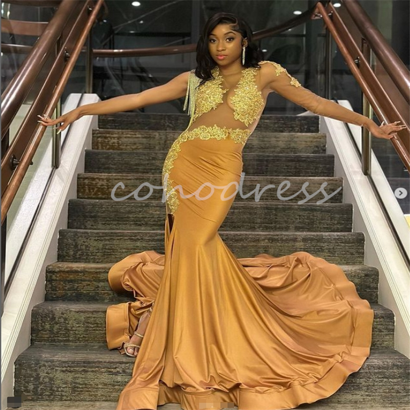 Glam Orange Prom Dress For Black Women Sexy One Shoulder Long Sleeve Mermaid Evening Dress Split Lace Tassle Birthday Occasion Nigeria Party Dress Ves