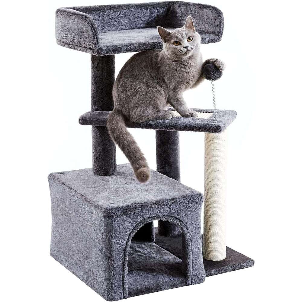 Made4Pets Cat Tree, Cat Tower Indoors Cute Wood Kitty Condo with Scratching Post Pad, 29" Multi-Level Modern Activity Climbing Furniture, Dark Gr