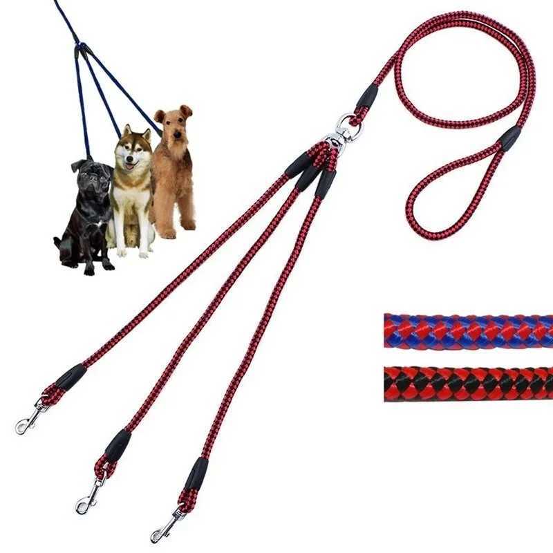 Adjustable nylon 3-way tangle free walking belt for three pairs of pet dogs with lead and paddle soft handle separation for 3 seconds lead M241125