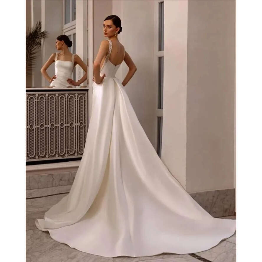 Elegant Satin Mermaid Wedding Dresses Square Collar Beaded Pearls Bridal Gowns With Detachable Skirt Backless Robes For Formal Party Vestidos De Novia