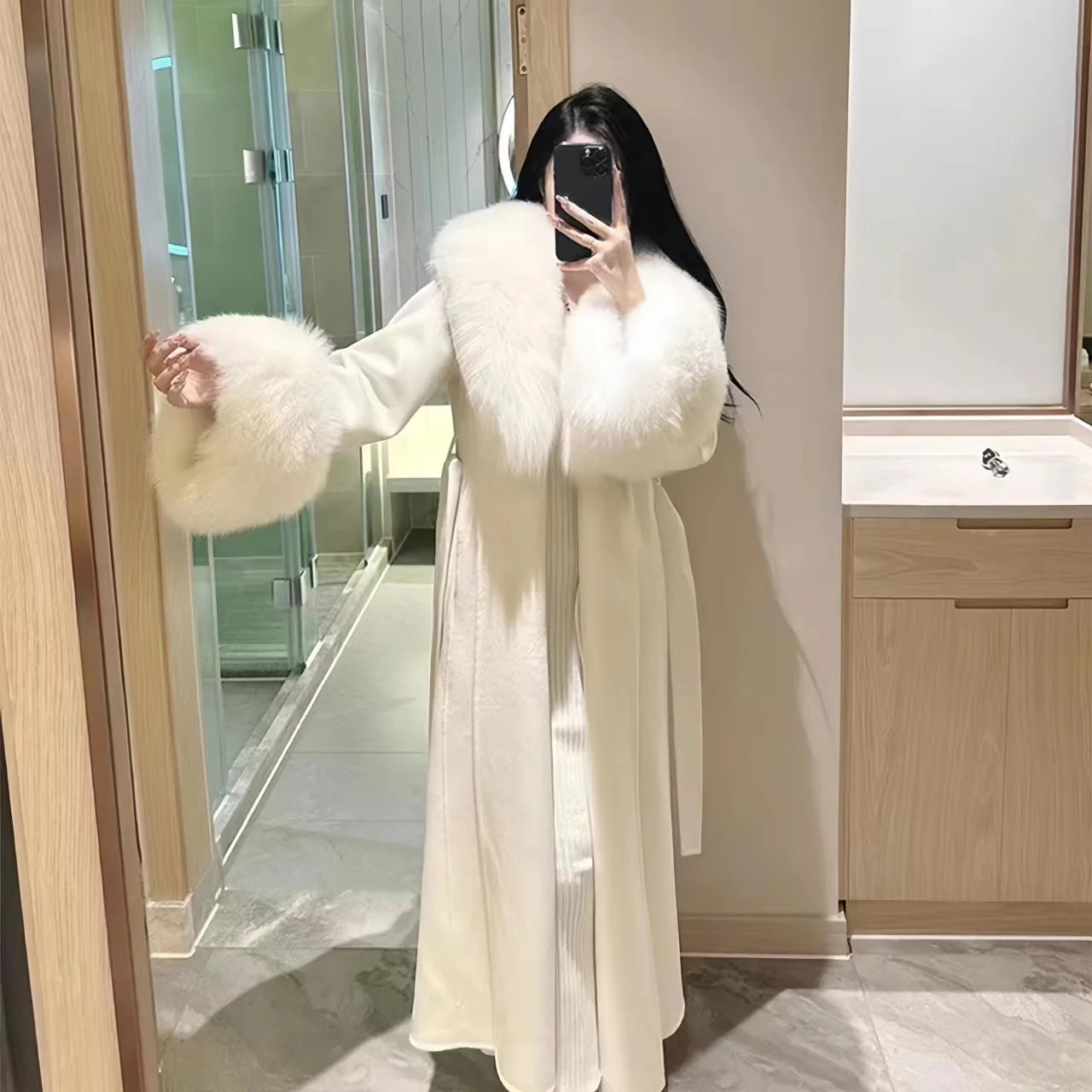 Womens Cashmere JacketKorean Open Stitch Coat Lace-up Fur Collar Blends Female Clothes Loose Long Overcoat Autumn Winter 241126