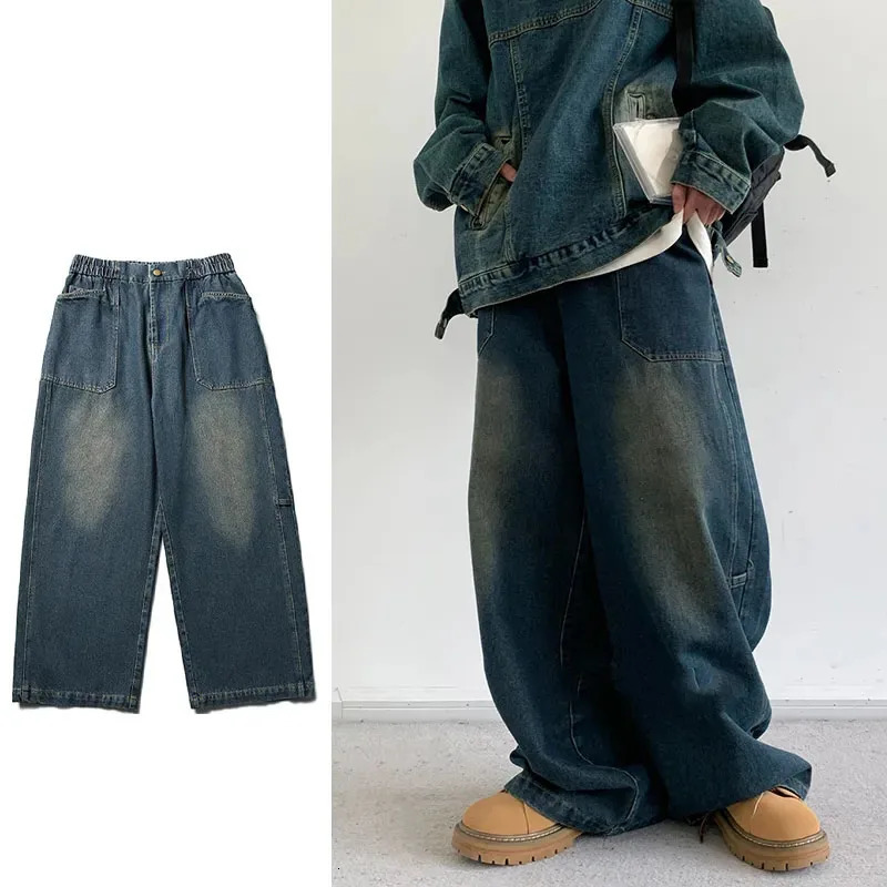 Retro Denim Set Men Loose Vintage Cowboy Hooded Pullover wide-leg Jeans Male 2-piece Set Japanese Street Spring Autumn Suits 240415