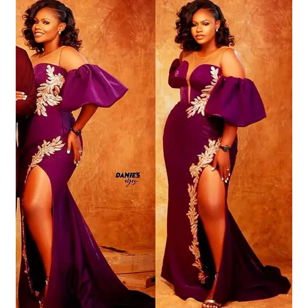 Arabic Aso Size Ebi Plus Purple Mermaid Sexy Prom Dresses Lace High Split Sheer Neck Evening Formal Party Second Reception Gowns