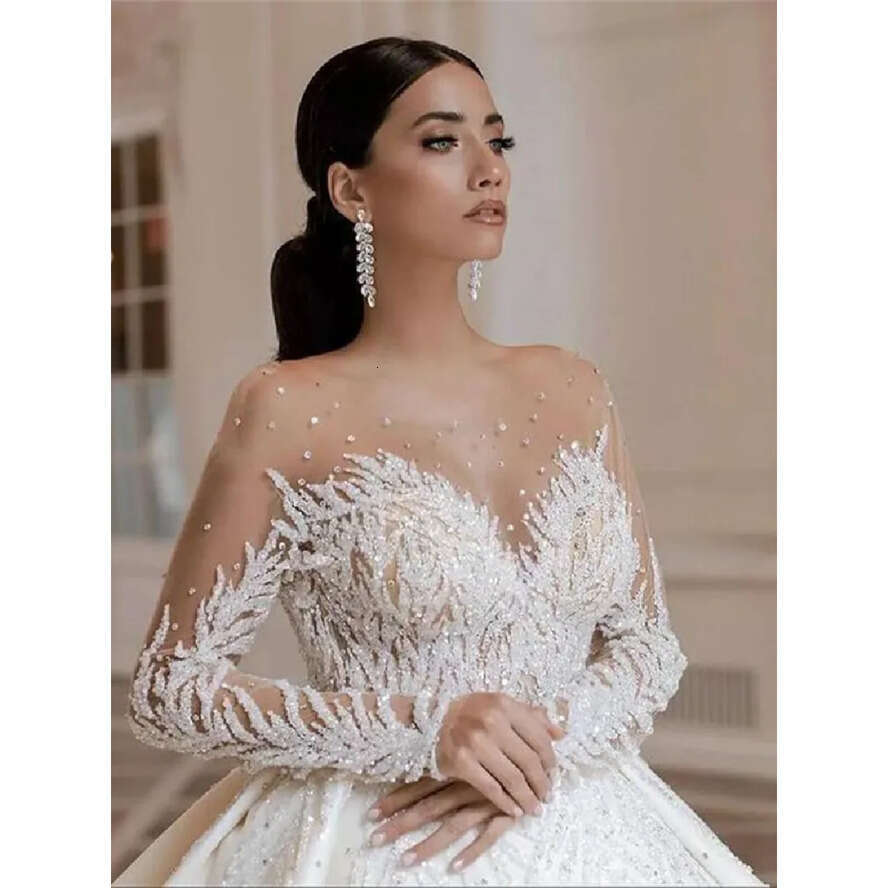 Arabic Dubai Beads Crystals Ball Gown Dresses 2022 Vestido De Noiva Soft Sheer Tulle Long Sleeves Backless Wedding Bridal Gowns