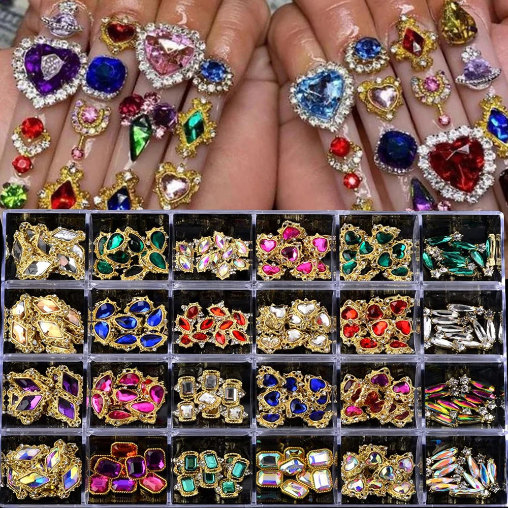 24Grids * 5pc 3D nail alloy gemstone rhinestone jewelry charm heart-shaped crystal gemstone DIY nail processing accessories 241126