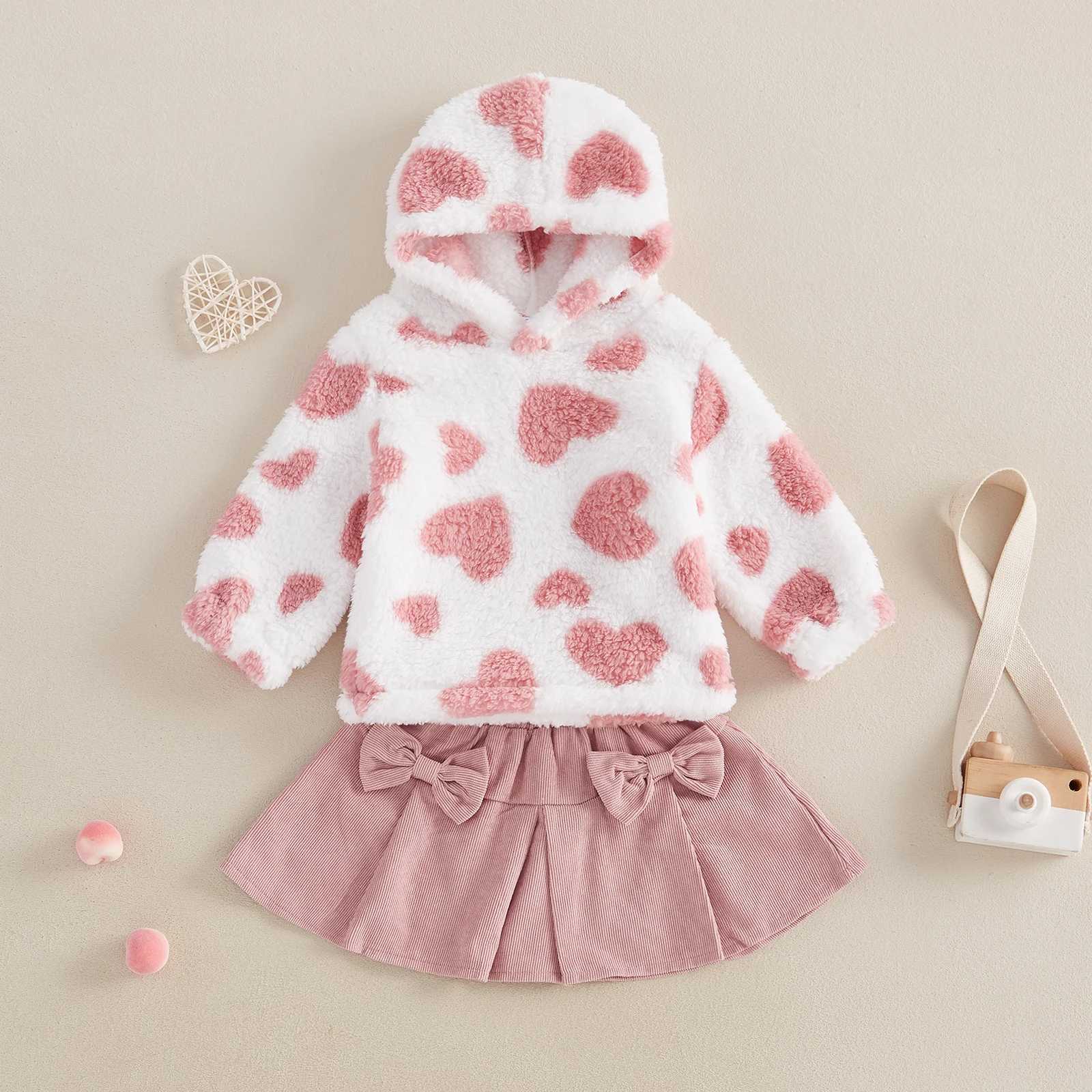 Clothing Sets 0-3Years Toddler Baby Girl Fall Winter Outfits Heart Long Sleeve Fleece Hoodies Bow Elastic Waist Mini Skirt 2 Piece Kids Sets H241126