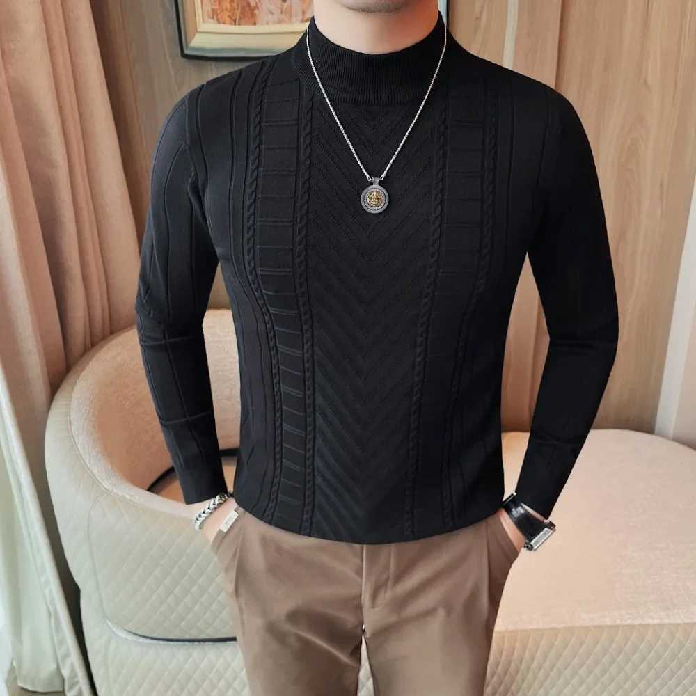 Mens knitted pullover sweater 2024 winter new item thick solid casual elastic slim fit semi high neck sweater mens clothing X241126