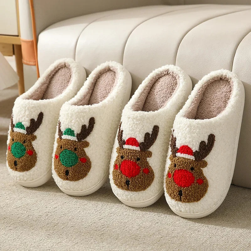 Christmas Elk Cotton Slippers for Women Men Winter Cute Cartoon Home Non Slip Couple Floor Slides Indoor Plush Shoes 20 241126