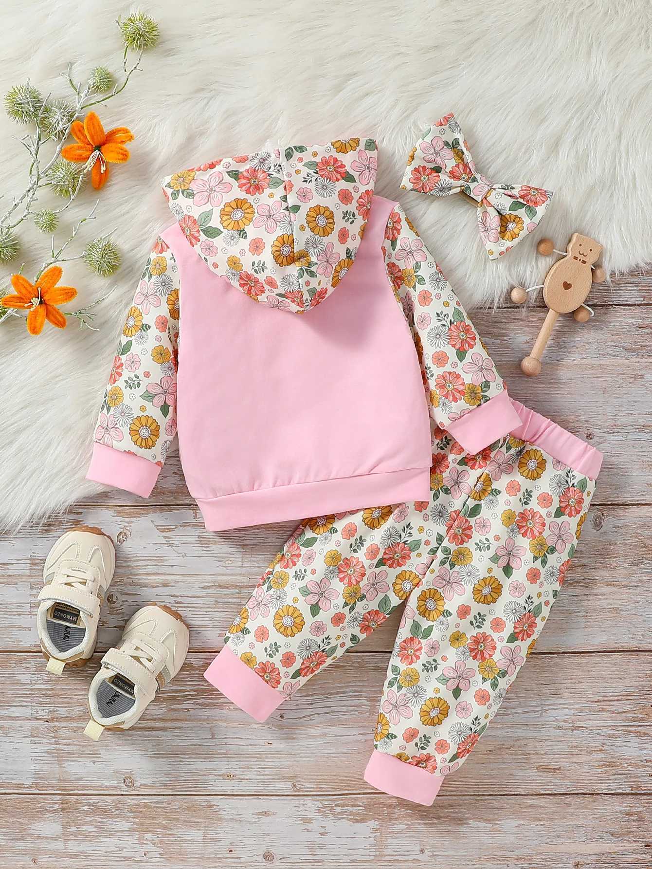 Clothing Sets 3Pcs baby Pink girl autumn casual and cute flower printing long-sleeve Hooded Sweatshirt + trousers Clothes +Headband H241126