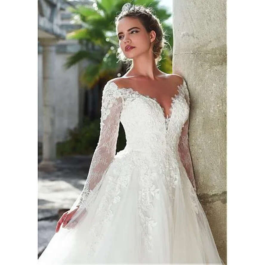 Elegant Lace A-E Dresses Illusion Necke Long Sleeve Vestios De Novia Tulle Applique Custom Made Sexy Back Bridal Wedding Gowns