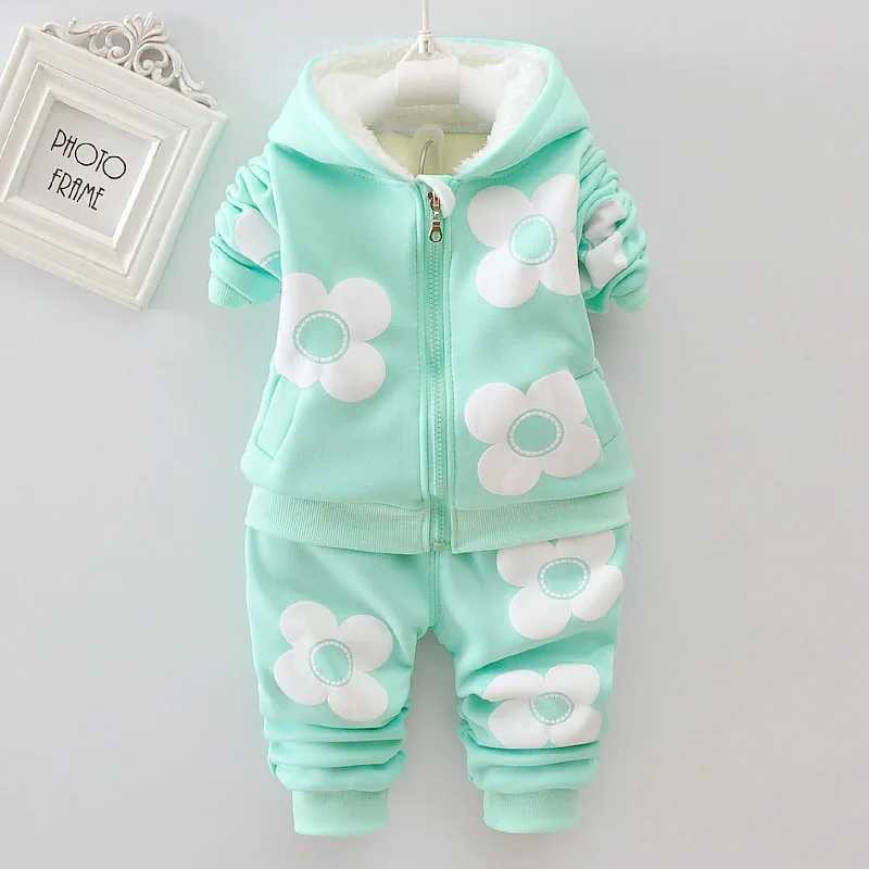 Clothing Sets Baby Girls Flower Cartoon Thickk Woolen Autumn Winter Hoodied Jacket Coat Pants Clothing Set Children Kids Warm Clothes Suits H241126