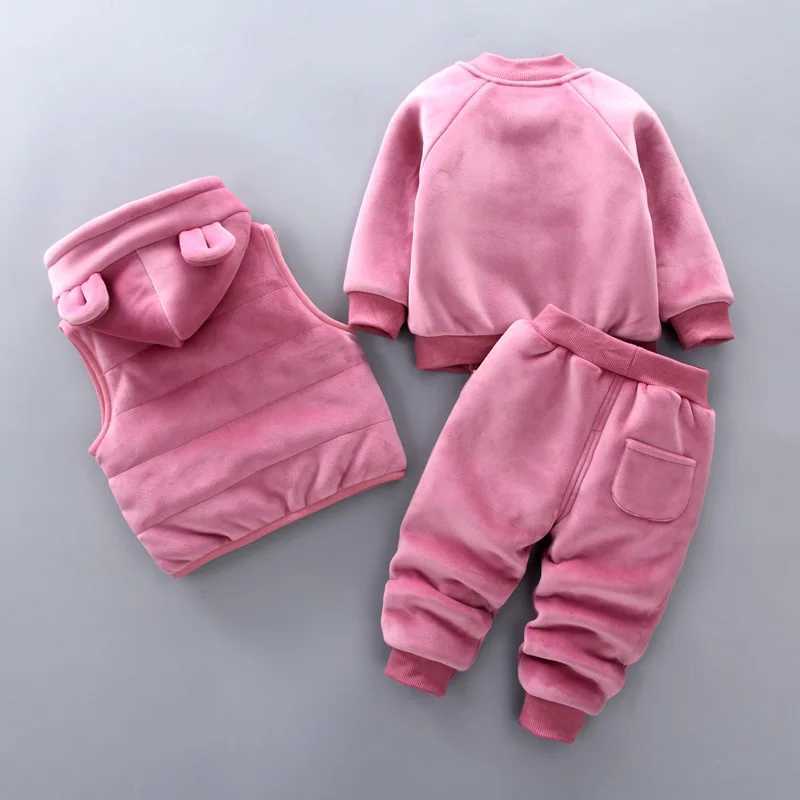 Clothing Sets Boys Girls Cartoon Bear Clothing Suits Baby Plus Velvet Jacket+Vest+ Pants 3Pcs Sets Kids Toddler Winter Sports Clothes 1-4Yrs H241126