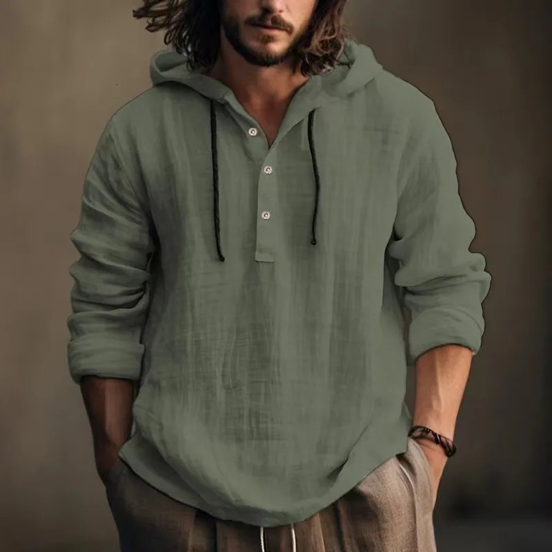 Mens shirts hoodies long sleeved buttons pure cotton linen casual loose holiday shirts mens T-shirts 241126