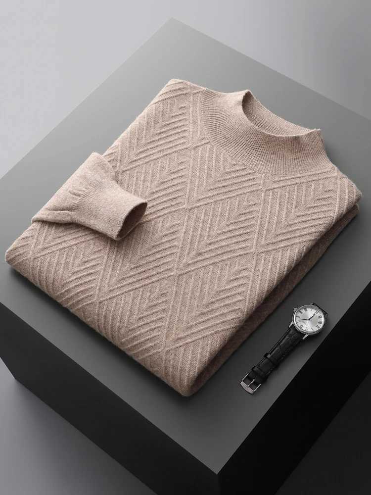 Mens 100% pure wool knitted sweater with loose collar and floral long sleeved casual top warm bottom shirt for Spring Festival autumn and winter X2411